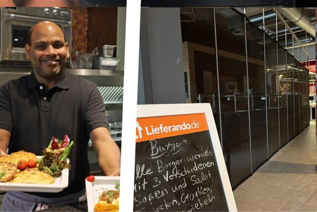 Jeevathasan Pasupathypillai präsentiert 2020 seine Schnitzel im neu eröffneten Restaurant. Jetzt ist geschlossen. Nur ein Lieferando-Schild steht noch.