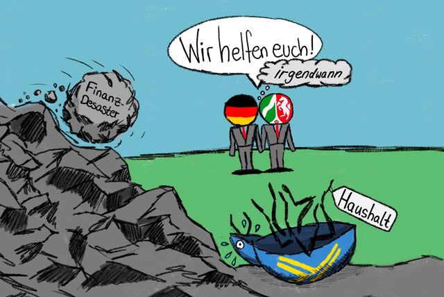 Ein Paar mit einem Kind steht auf einer Zwei-Euro-Münze, die auf Geldscheinen liegt.