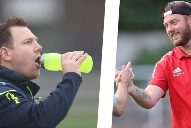 Die Derby-Trainer Dennis Hasecke (l/Schwerin) und Tino Westphal (r/SG Castrop).