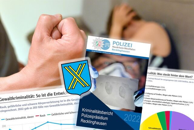 Bildmontage: Im Hintergrund bedroht ein Mann eine Frau mit der Faust. Im Vordergrund: Titelseite des Kriminalitätsberichts, Grafiken und das Wappen von Castrop-Rauxel.
