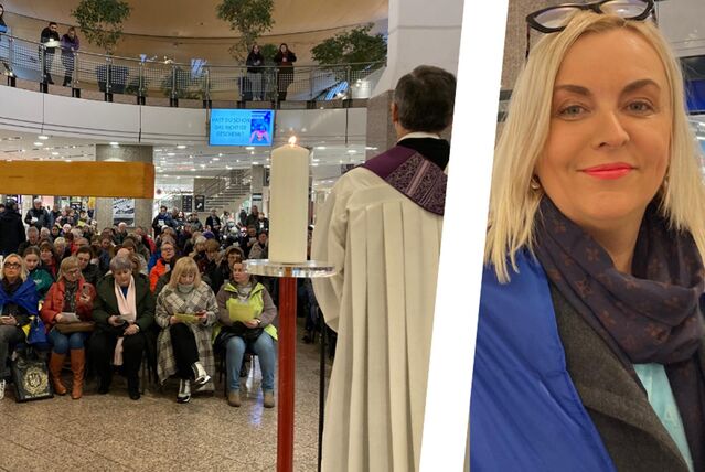 Ruslana Ivaschuk (r.) und Jenny Richter sind mit 200 Menschen in den Marler Stern gekommen, um für den Frieden in der Ukraine zu beten.