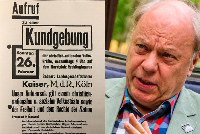 Die Montage zeigt links ein Plakat mit dem Aufruf zu einer Demonstration am 26.2.1933, rechts Georg Möllers, Vorsitzender des Heimatvereins Recklinghausen.