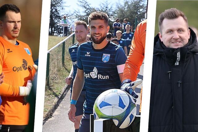 Waren nach dem Derby gegen den SV Sodingen vor der Kamera: (v.l.) Keeper Frederic Westergerling, Kapitän Nico Brehm und der Sportliche Leiter Tim Eibold.