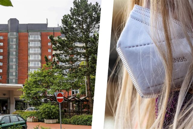 Auf der linken Seite ist das Knappschaftskrankenhaus Recklinghausen zu erkennen, rechts eine Frau, die eine FFP2-Maske trägt.
