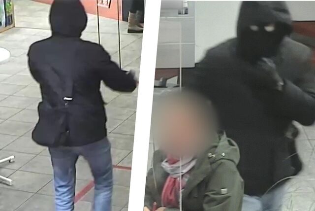 Ein maskierter Mann überfällt eine Bank.