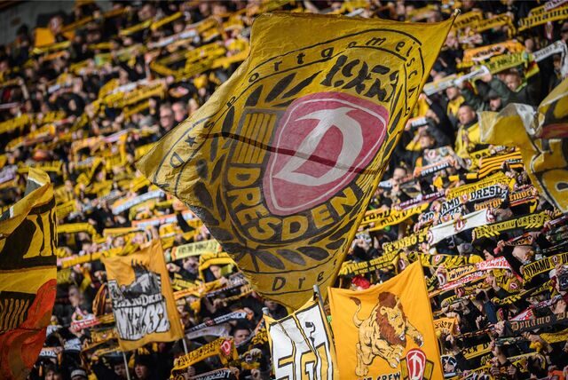 Fans von Dynamo Dresden schwenken eine Fahne.
