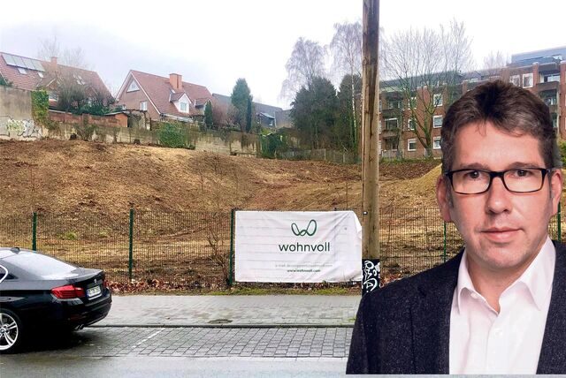 Montage zeigt Wohnvoll-Geschäftsführer Ian Biglands vor einem Gelände an der Dortmunder Straße in Recklinghausen