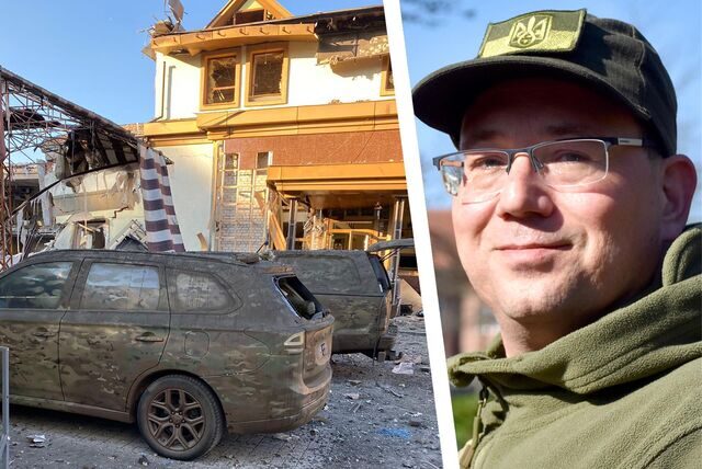 Zerschossene Autos vor einem bombardierten Haus in Saporischschja und Ulrich Waldmann aus Wessum.