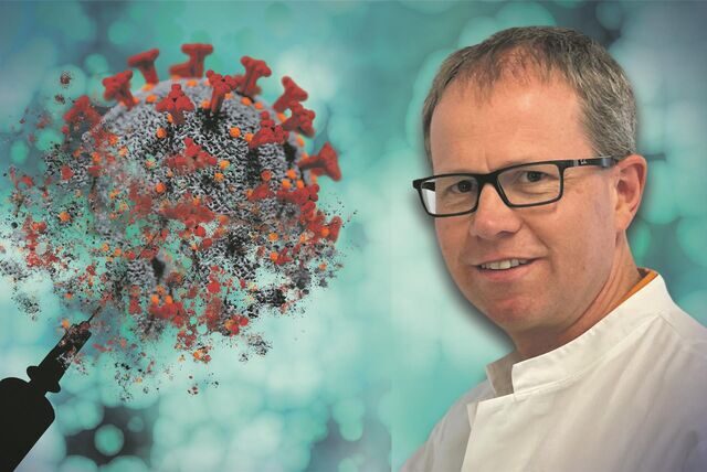 Prof. Dr. Carsten Watzl, Professor für Immunologie an der TU Dortmund, ist neben einem visualisierten Coronavirus zu sehen.