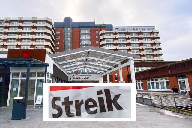Die Montage zeigt eine Außenansicht des Knappschaftskrankenhauses Recklinghausen, reinmontiert ist der Hinweis Streik.
