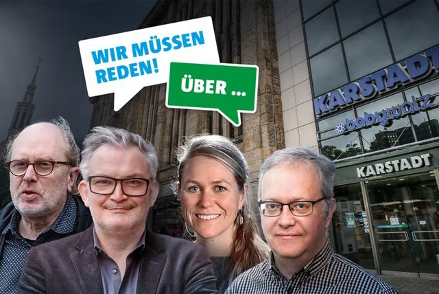 Reden am Donnerstag über die Zukunft der Dortmunder Karstadt-Filiale (v.l.): Karstadt-Dortmund-Betriebsrat Joffrey Kallweit, Cityring-Vorsitzender Tobias Heitmann, Stadtplanerin Nina Hangebruch und Moderator Oliver Volmerich