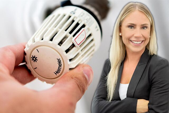 Montage: Eine Hand dreht am Heizungsthermostat und DEW21-Sprecherin Rebecca Alishah.