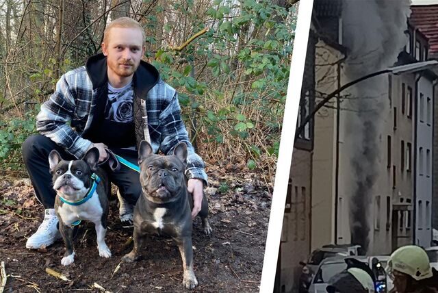 Montage zeigt einen Justin Ullrich aus Recklinghausen mit zwei Bulldoggen und eine dichte Rauchsäule, die aus einem Haus an der Henrichenburger Straße aufsteigt.