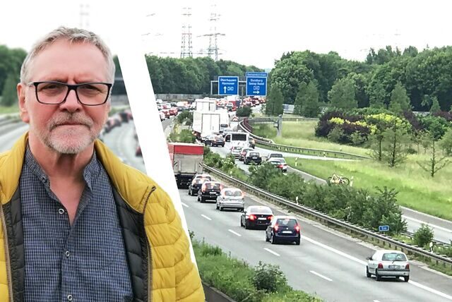 Links Klaus Konter aus Ickern, rechts ein Stau am Nachmittag auf der A45 in Höhe des Autobahnkreuzes Castrop-Rauxel-Ost.