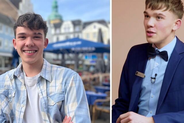 Hat viel Spaß an der Social-Media-Arbeit: der angehende Bankkaufmann Louis Bernhard – links leger und rechts in dem erfolgreichen TikTok-Video „How to mit Geld umgehen“.