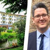 Die Montage zeigt eine Außenansicht der Residenz am Festspielhaus in Recklinghausen und Einrichtungsleiter Fabian Wolf.