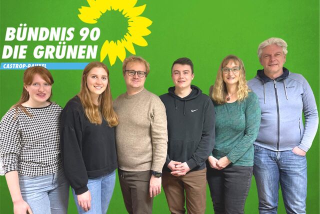 Rosalie Starke, Nele Feigl, Martin Breitenstein, Noah Seiler, Gudrun Kaltenborn und Karsten Zygowski (v.l.) bilden zusammen mit Thomas Krämerkämper den Vorstand des Stadtverbands von Bündnis 90 / Die Grünen in Castrop-Rauxel.