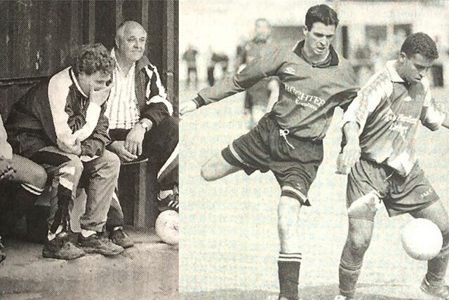 Merklindes Trainer Olaf Senking (l) vergrub auf der Trainerbank seinen Kopf in den Händen, wie es Pressefotograf Andreas Bischof damals im Bild festhielt.