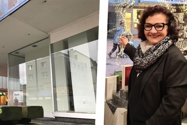 Martina Tielker in ihrer Buchhandlung „Leselust“ in einer Montage neben dem Schlatholt-Leerstand am Lambertusplatz.