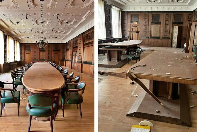 links der große Saal in der ehemaligen Hoesch-Zentrale, wie er noch 2018 aussah, rechts die Zerstörungen, wie sie sich aktuell präsentieren.