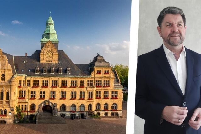 Die Montage zeigt das Recklinghäuser Rathaus und Ralf Krietemeyer, Fachbereichsleiter Gebäudewirtschaft bei der Stadt.