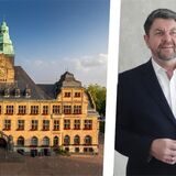 Die Montage zeigt das Recklinghäuser Rathaus und Ralf Krietemeyer, Fachbereichsleiter Gebäudewirtschaft bei der Stadt.