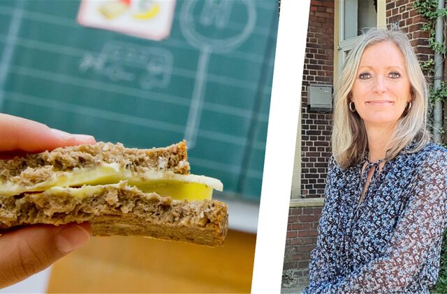 Die Bildmontage zeigt ein Pausenbrot mit Käse und daneben Schulleiterin Beate Nehls aus Oer-Erkenschwick.