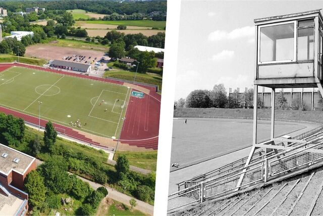 Vor 20 Jahren hatte das Stadion an der Bahnhofstraße in Castrop-Rauxel noch ein Marathontor und einen Sprecherturm (rechts). Beim Umbau zum Kunstrasen im Jahr 2007 fiel das alles weg.
