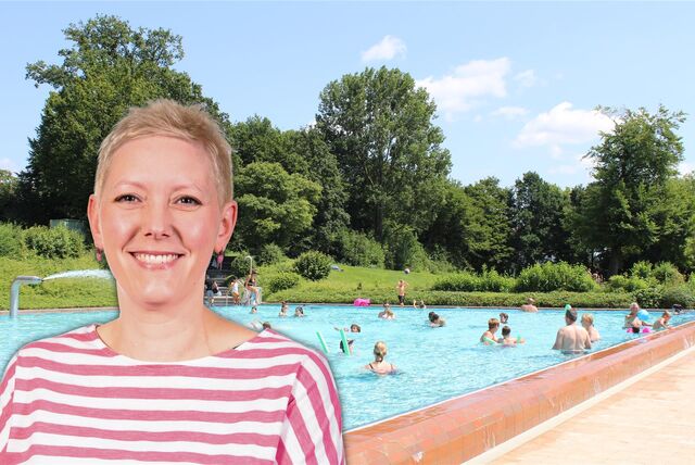 Kerstin Walberg vor dem Freibad Copa Ca Backum (Montage).