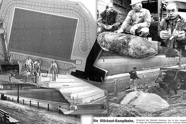 Im Jahr 1967 wurde die Ickerner Glückauf-Kampfbahn renoviert (Bild unten rechts). Danach war sie eine Arena mit Stehrängen , die durch Kantsteine gehalten wurden (unten links). Im Jahr 1999 wurden Pläne zum Umbau mit einem Kunstrasenplatz und einer Sitztribüne (Bild links oben) aufgestellt und nach mehreren Bombenfunden (r.) umgesetzt.