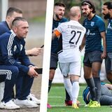 Standen am Wochenende im Blickpunkt: (v.l.) Sebastian Janas, die Westfalenliga-Fußballer des SV Wacker Obercastrop sowie die Bezirksliga-Kicker des FC Frohlinde.