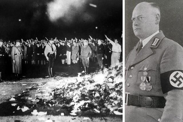 Nationalsozialisten verbrennen Bücher. Rechts im Bild Hans Larisch.