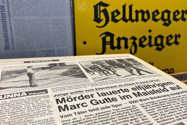 Die Ausgabe des Hellweger Anzeigers vom 2. Oktober 1986: Am Tag zuvor war die Leiche des elfjährigen Marc Gutte in einem Maisfeld in der Nähe des Unnaer Induparks gefunden worden. Nun nehmen LKA und Staatsanwaltschaft Dortmund die Ermittlungen wieder auf.