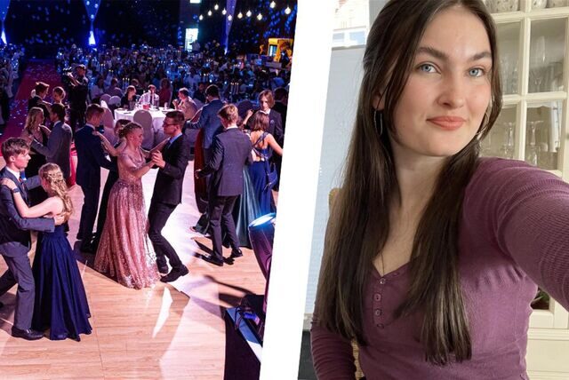 Die Bildmontage zeigt die 19-jährige Victoria Bakenfelder aus Oer-Erkenschwick neben tanzenden Paaren bei einem Abiball. Auch am Willy-Brandt-Gymnasium steht bald eine große Abschlussfeier an.