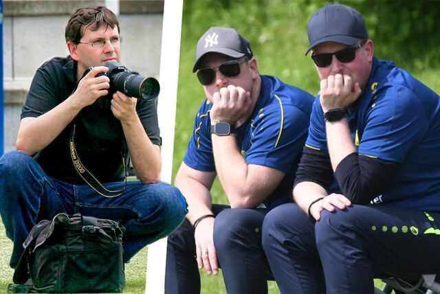 Unser Fotograf Volker Engel (l) war auch bei der Partie der Spvg Schwerin gegen den VfB Annen und lichtete die Trainer Dennis Hasecke und Timo Muth ab.