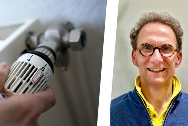 Links eine Hand, die am Thermostat einer Heizung dreht, rechts Heizungsexperte Andreas Rawe aus Recklinghausen