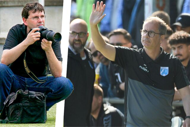 Fotograf Volker Engel (l) brachte viele Fotos vom Kreispokal-Endspiel zwischen Wacker Obercastrop und Wanne 11 mit.