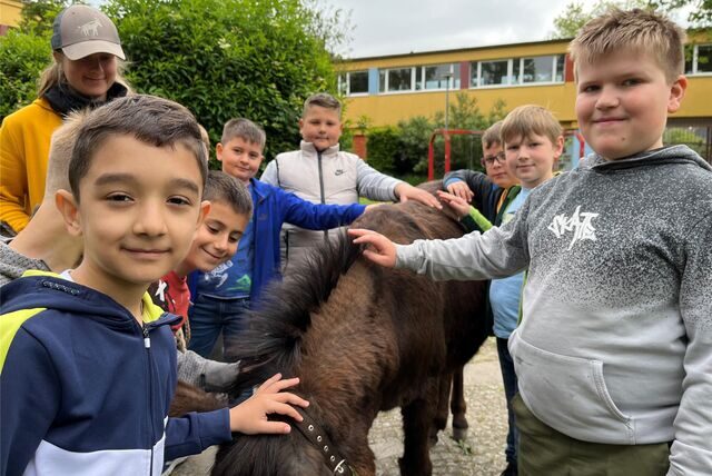 Grundschüler streicheln Eseldame Baghira. Ihre Besitzerin Lisa Hoffmann steht im Hintergrund.