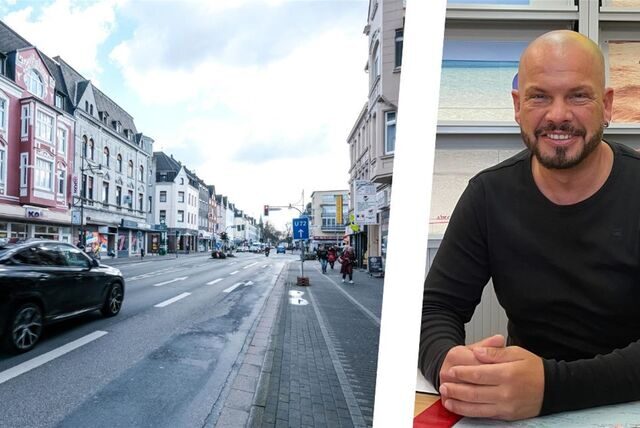 Montage zeigt eine Ansicht der Bochumer Straße in Recklinghausen sowie ein Porträt von Maik Krawutschke, der dort ein Reisebüro betreibt