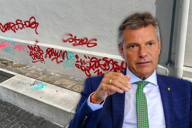 Die Montage zeigt das Ikonenmuseum in Recklinghausen mit Graffiti-Schmierereien und Bürgermeister Christoph Tesche.