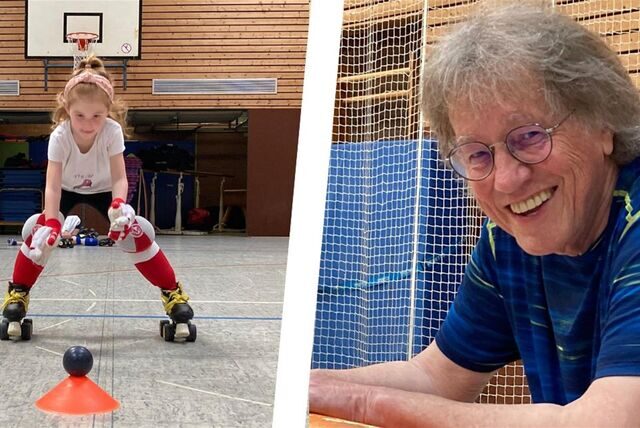 Hans Bohmann ist Rollhockey-Trainer des VfL Hüls. Wie vielen Kinder er schon das Rollschuhlaufen beigebracht hat, weiß er nicht mehr. Delia (l.) trainiert bei ihm freitags mit anderen Minis in der Lauflerngruppe.