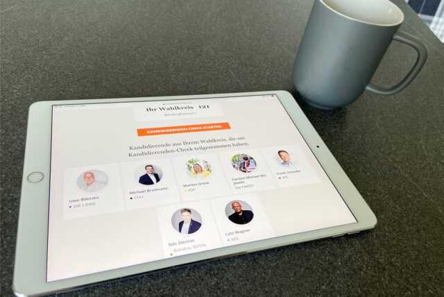 Beim Kandidierenden-Check kann man die politischen Einstellungen der Kandidaten im eigenen Wahlkreis genau unter die Lupe nehmen.