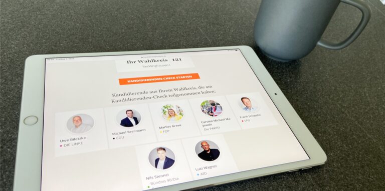 Beim Kandidierenden-Check kann man die politischen Einstellungen der Kandidaten im eigenen Wahlkreis genau unter die Lupe nehmen.