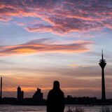Vögel fliegen bei Sonnenaufgang vor der Silhouette Düsseldorfs mit dem Fernsehturm (r), der Rheinkniebrücke (l) und dem Landtag, während eine Frau am Ufer steht und die Vögel beobachtet.