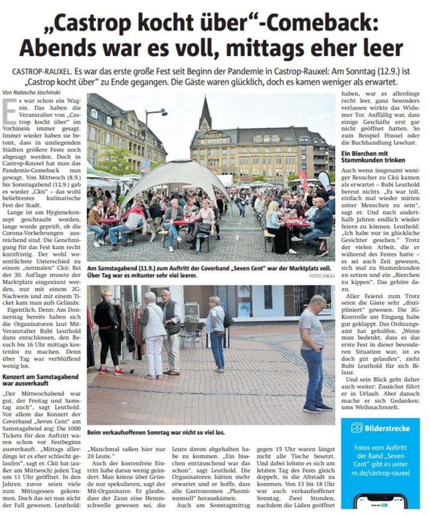 Castrop kocht über fand 2021 trotz der Corona-Pandemie wieder statt, nachdem es im Vorjahr ausgefallen war. Castrop kocht über fand 2021 trotz der Corona-Pandemie wieder statt, nachdem es im Vorjahr ausgefallen war.