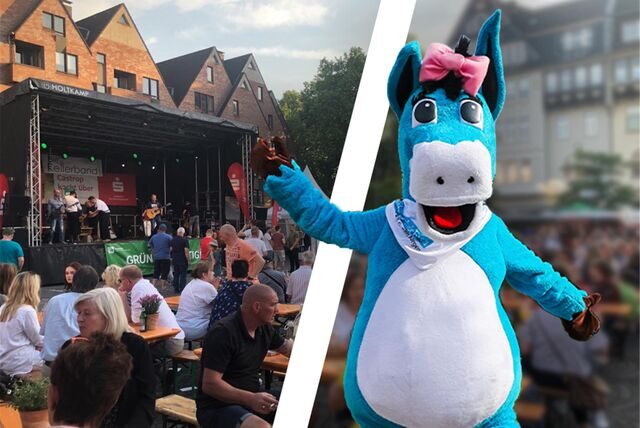 Das Ruhr Nachrichten Maskottchen Leni in einer Montage, im Hintergrund ist das Fest „Castrop kocht über“ zu sehen.