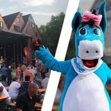 Das Ruhr Nachrichten Maskottchen Leni in einer Montage, im Hintergrund ist das Fest „Castrop kocht über“ zu sehen.