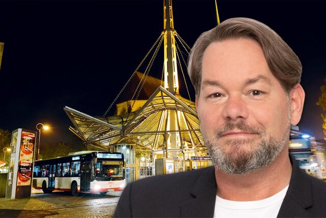 Montage: Christoph Stemann, im Hintergrund Nachtbusse an der Haltestelle Reinoldikirche in Dortmund