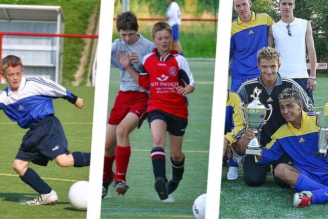 Hauptdarsteller der Castrop-Rauxeler Junioren-Stadtmeisterschaften 2003, die auch noch im Jahr 2023 in ihrer Heimat Fußball spielen: Chris Matuszak (l), Dennis Teuber (rotes Trikot), André Dante (graues Torwart-Trikot) und Cihangir Sahinli (mit Pokalen).