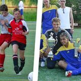 Hauptdarsteller der Castrop-Rauxeler Junioren-Stadtmeisterschaften 2003, die auch noch im Jahr 2023 in ihrer Heimat Fußball spielen: Chris Matuszak (l), Dennis Teuber (rotes Trikot), André Dante (graues Torwart-Trikot) und Cihangir Sahinli (mit Pokalen).